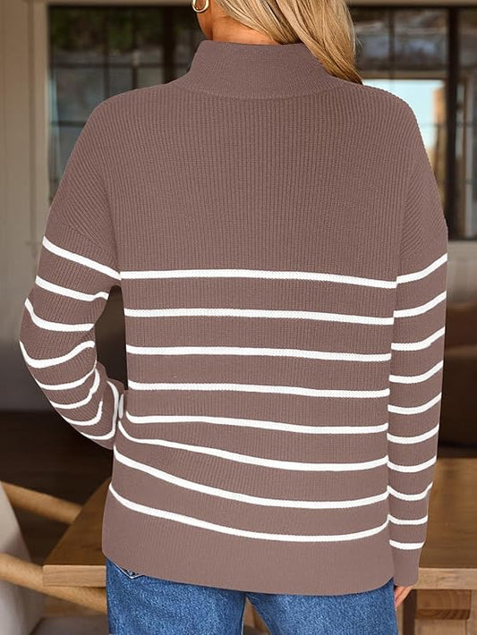 LILLUSORY Women's Quarter Zip Striped Oversized Sweater 2025 Mock Turtleneck Fall Fashion Outfit