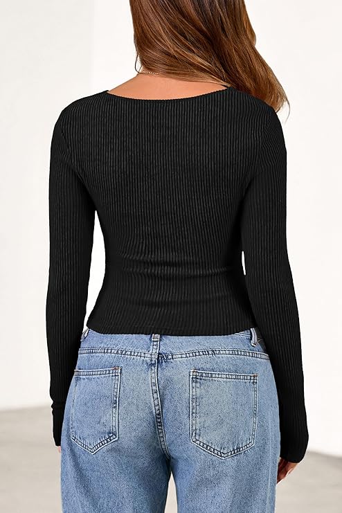 PRETTYGARDEN Women's Long Sleeve Cowl Neck Ribbed Knit Fall Shirts Slim Fit Ruched Going Out Crop Tops Basic T-Shirts