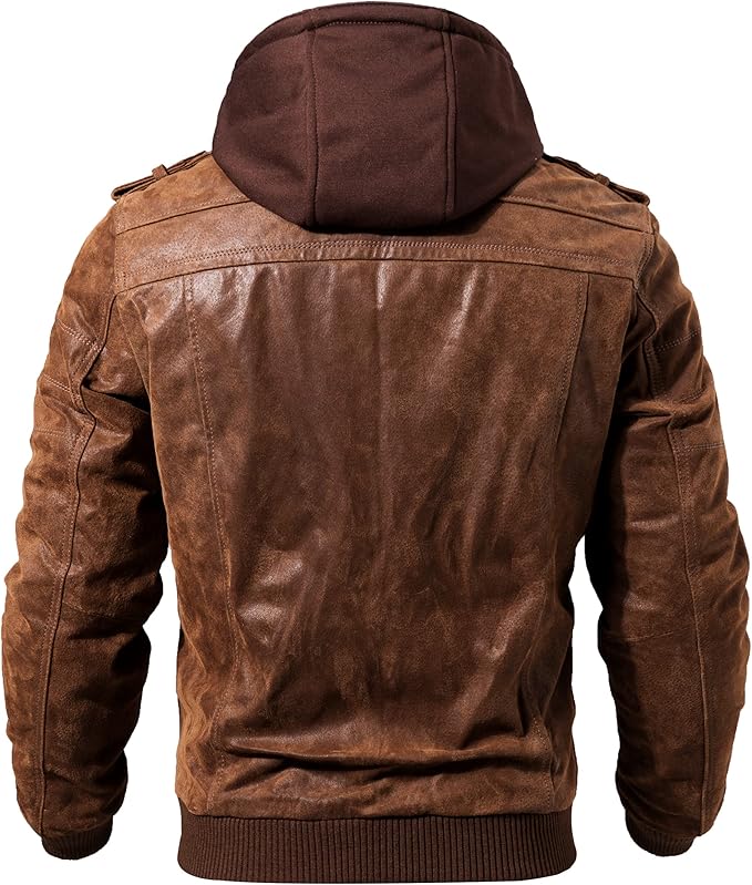 FLAVOR Men Brown Leather Motorcycle Jacket with Removable Hood