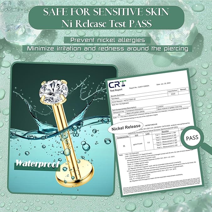 LOLIAS 14K Gold Plated Threadless Nose Studs CZ Nose Rings for Women