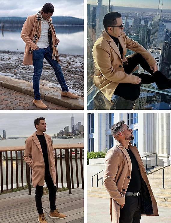 Springrain Men's Wool Blend Pea Coat Notched Collar Single Breasted Overcoat Warm Winter Trench Coat