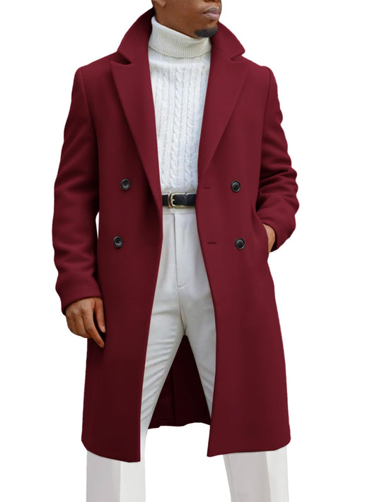 Runcati Mens Trench Coat Notched Lapel Double Breasted Mid Long Pea Coat Casual Fall Winter Classic Overcoat