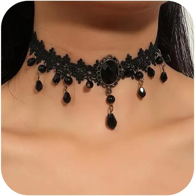 Fesciory Black Necklaces for Women, Adjustable Layered Velvet Leather Lace Collar Necklace, Goth Jewelry Gifts.