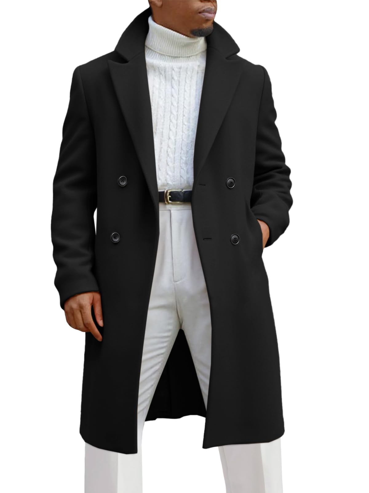 Runcati Mens Trench Coat Notched Lapel Double Breasted Mid Long Pea Coat Casual Fall Winter Classic Overcoat