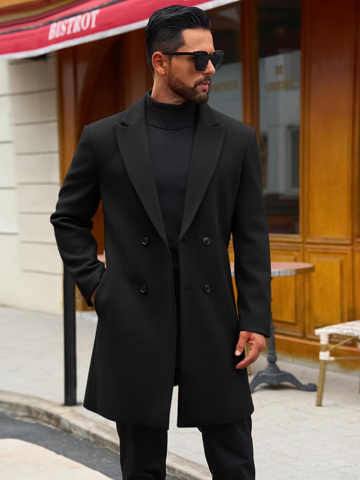 Runcati Mens Trench Coat Notched Lapel Double Breasted Mid Long Pea Coat Casual Fall Winter Classic Overcoat