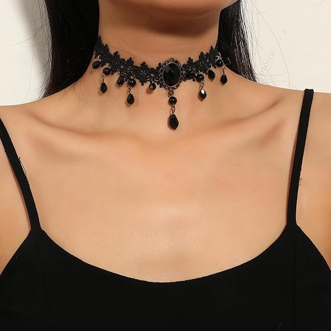 Fesciory Black Necklaces for Women, Adjustable Layered Velvet Leather Lace Collar Necklace, Goth Jewelry Gifts.