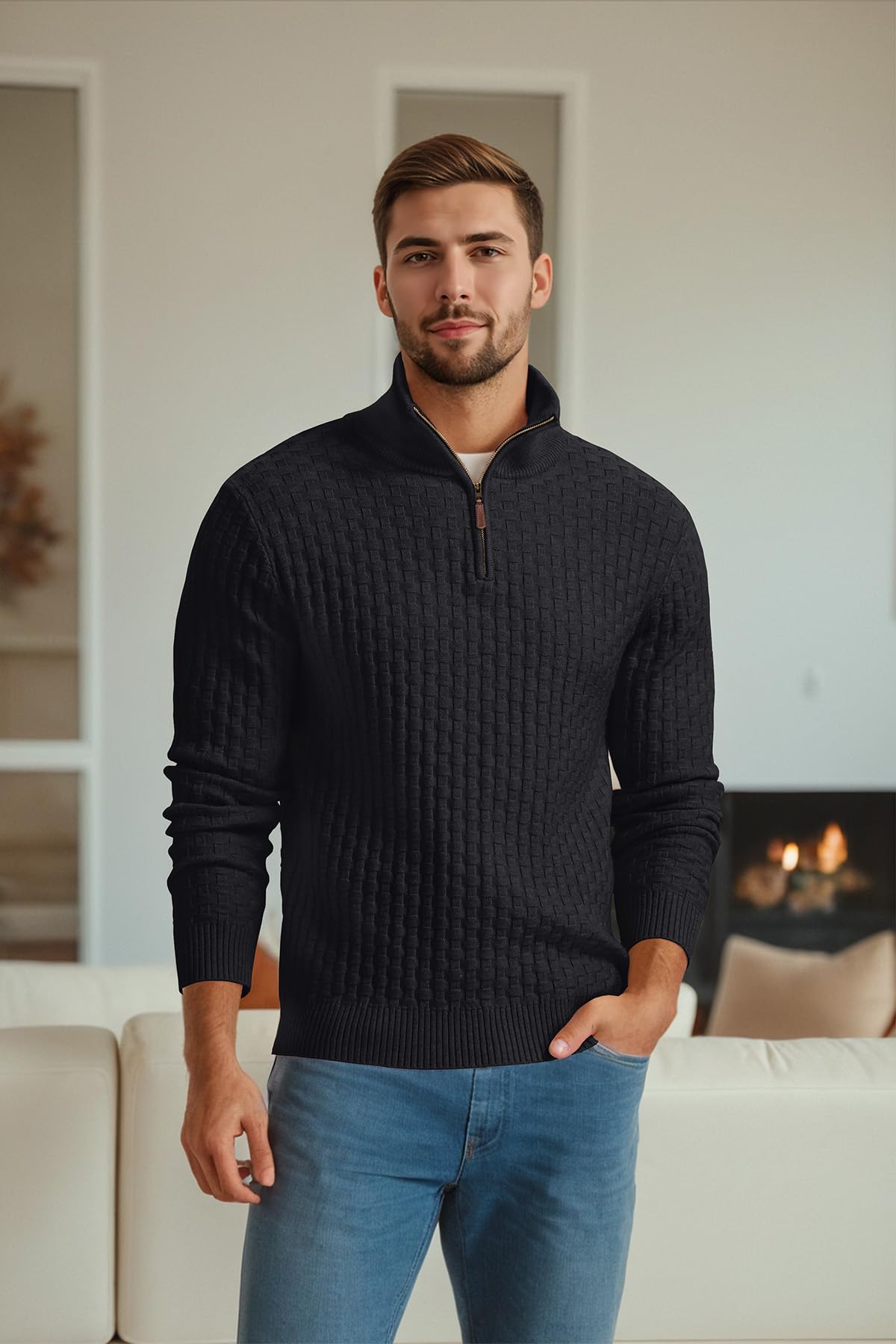 Askdeer Men's Quarter Zip Sweater Waffle Knit Sweater Mock Neck Polo Sweater Casual Pullover Sweater with Ribbing Edge