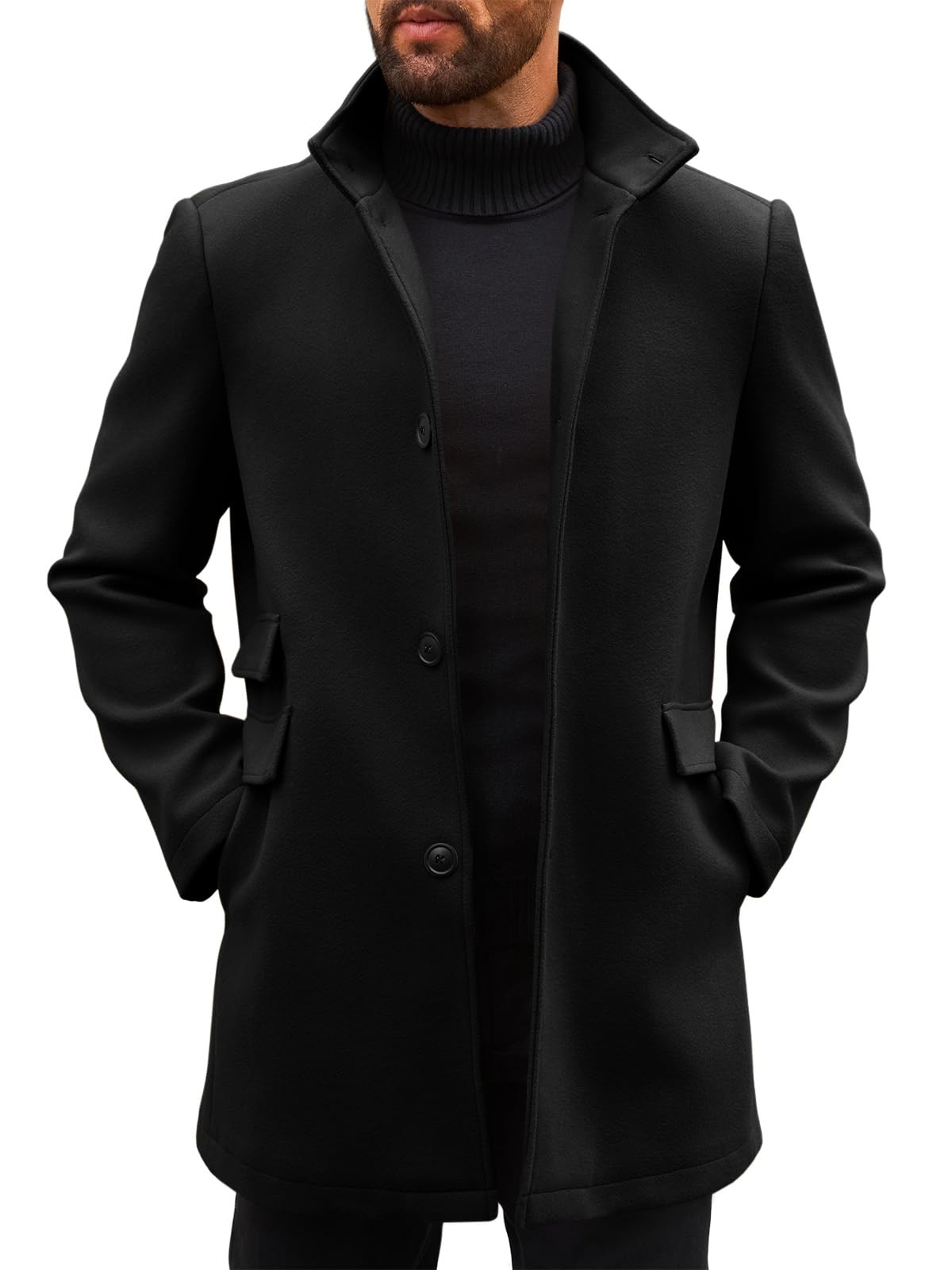 Runcati Mens Pea Coats Single Breasted Stand Collar Casual Slim Fit Trench Coat Mid Long Winter Overcoat with Pockets