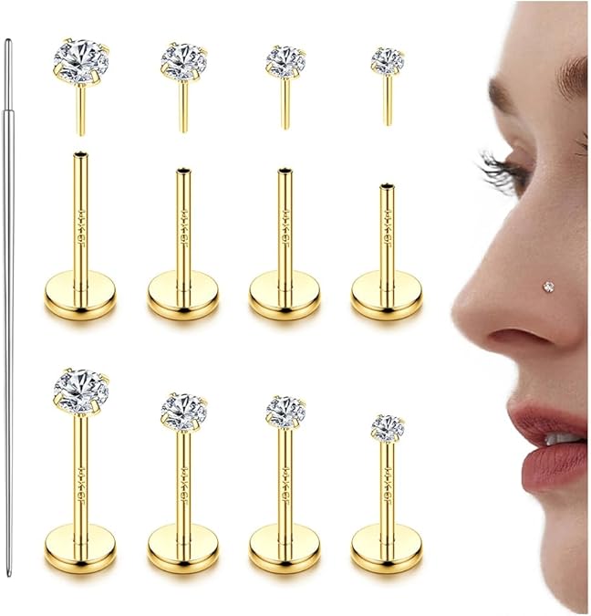 LOLIAS 14K Gold Plated Threadless Nose Studs CZ Nose Rings for Women