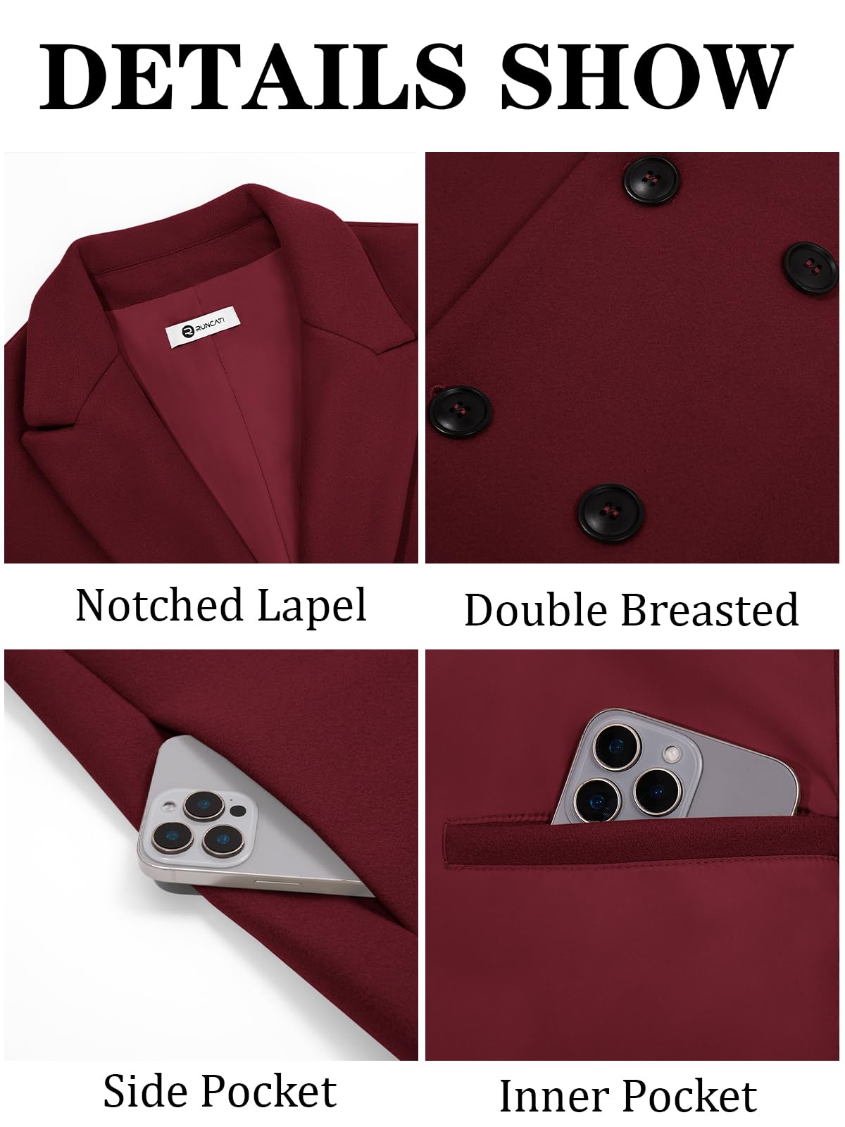 Runcati Mens Trench Coat Notched Lapel Double Breasted Mid Long Pea Coat Casual Fall Winter Classic Overcoat