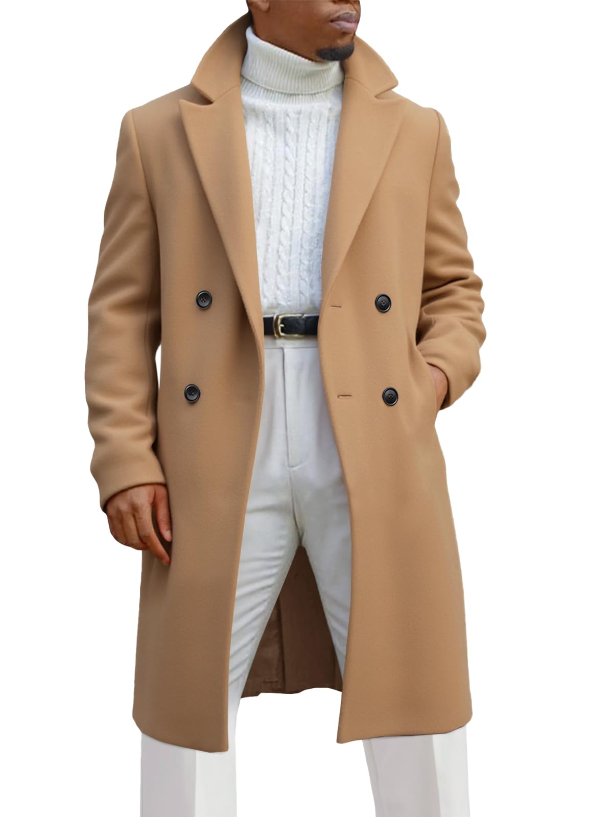 Runcati Mens Trench Coat Notched Lapel Double Breasted Mid Long Pea Coat Casual Fall Winter Classic Overcoat
