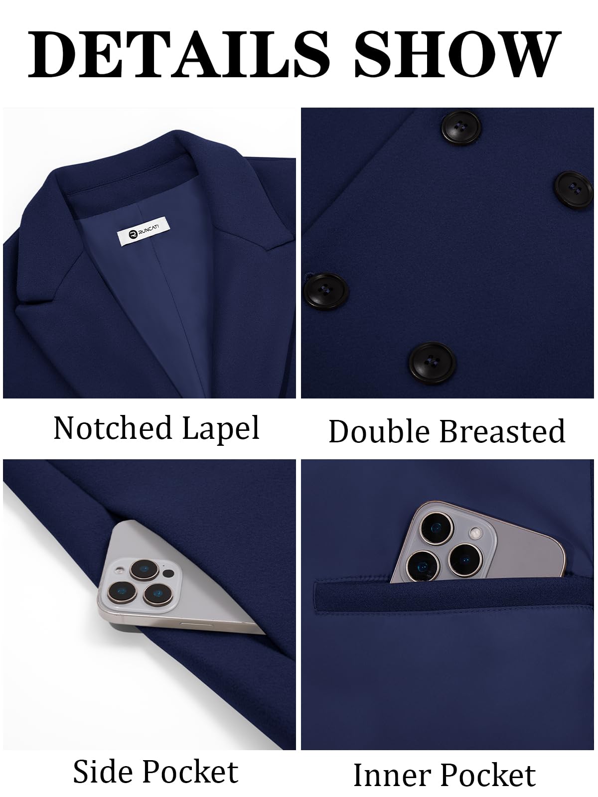 Runcati Mens Trench Coat Notched Lapel Double Breasted Mid Long Pea Coat Casual Fall Winter Classic Overcoat