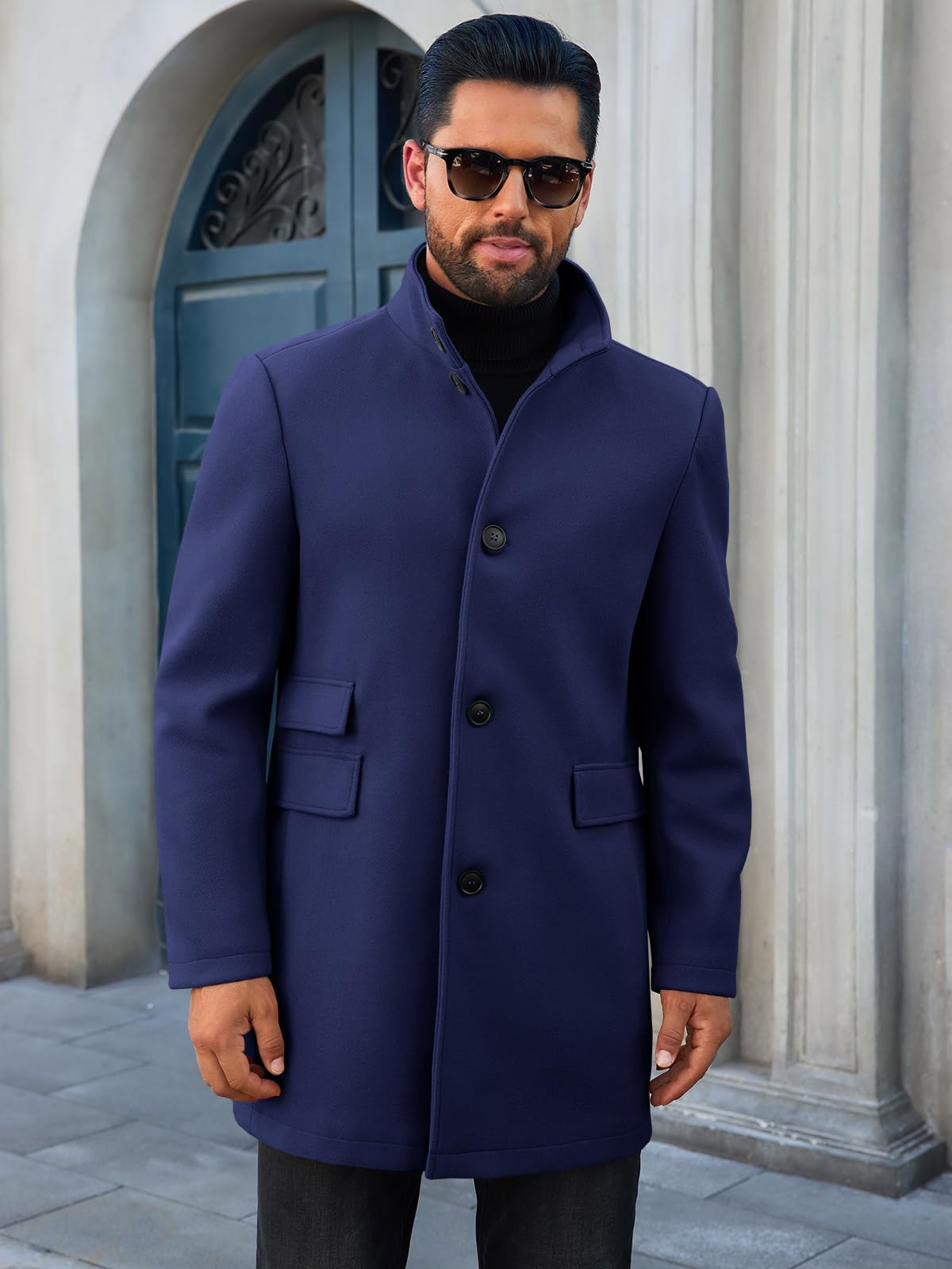 Runcati Mens Pea Coats Single Breasted Stand Collar Casual Slim Fit Trench Coat Mid Long Winter Overcoat with Pockets