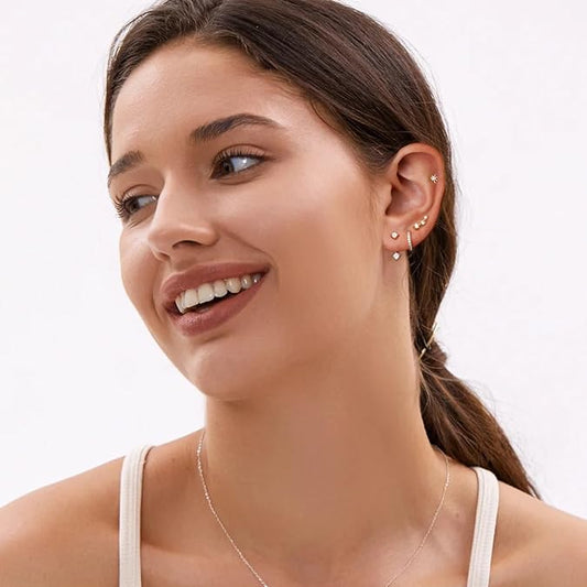 6 Pairs 14K Gold Plated Stud Earrings for Women, Hypoallergenic Cartilage Earrings for Multiple Piercing, Dainty Small Stackable Earrings Jewelry Set