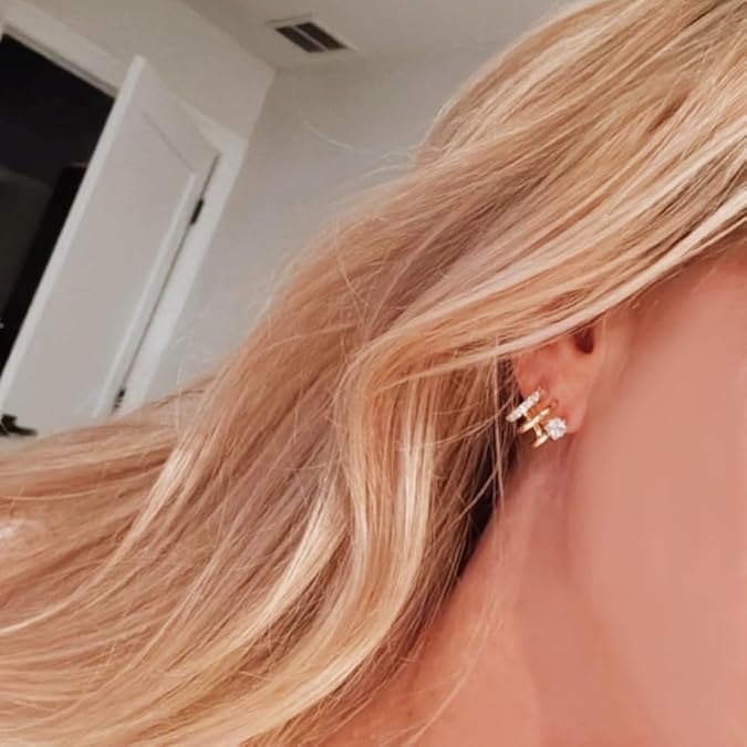 Obidos 14K Gold Plated Triple Huggie Illusion Stud Earrings | Double Huggie Hoop Earrings for One Hole | Gold Hoop Earrings for Women | Drop earrings