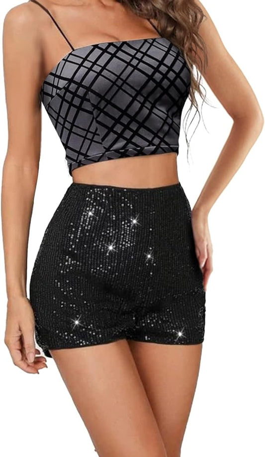 Chloefairy Women's Summer Sequin Shorts High Waist Sparkly Glitter Straight Leg Shorts Concert Party Clubwear
