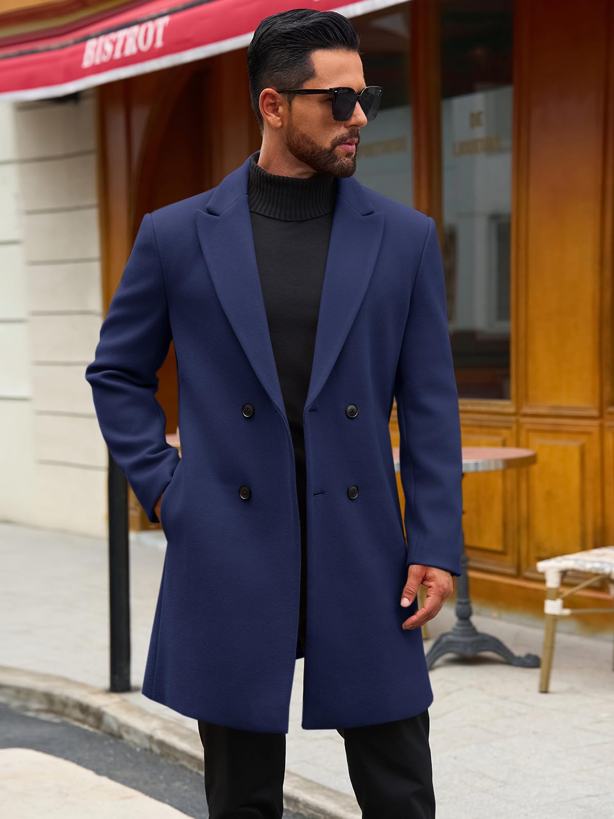 Runcati Mens Trench Coat Notched Lapel Double Breasted Mid Long Pea Coat Casual Fall Winter Classic Overcoat