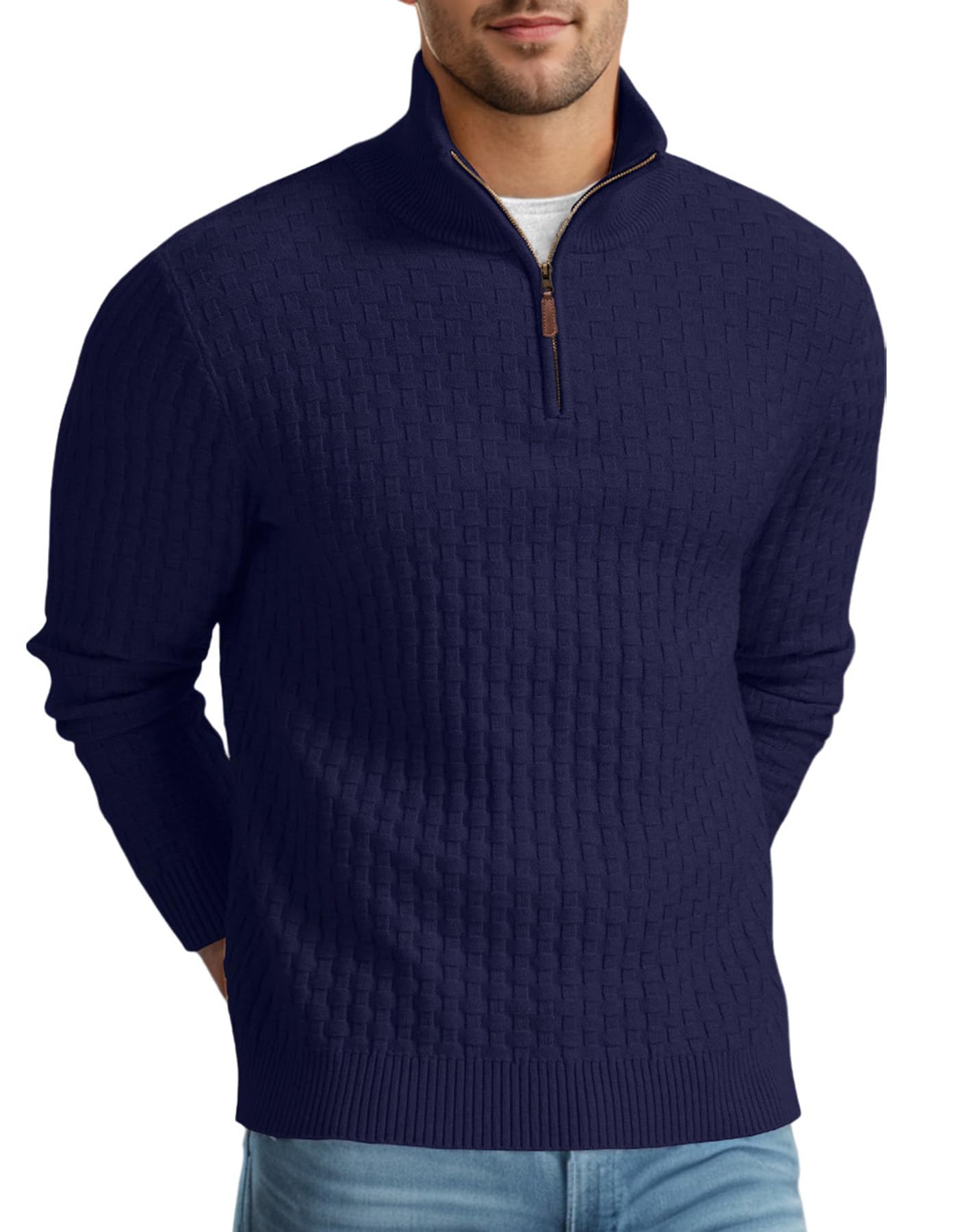 Askdeer Men's Quarter Zip Sweater Waffle Knit Sweater Mock Neck Polo Sweater Casual Pullover Sweater with Ribbing Edge