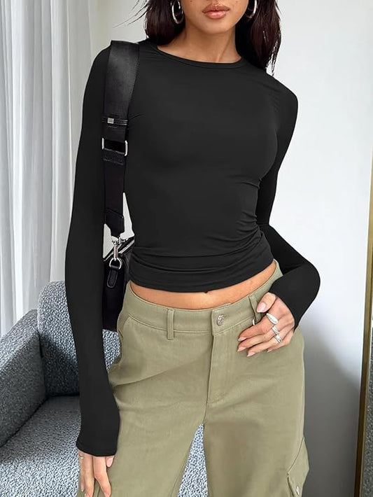 Trendy Queen Womens Long Sleeve T Shirts Fall Fashion 2025 Basic Crop Tops Going Out Outfits Y2k Clothes