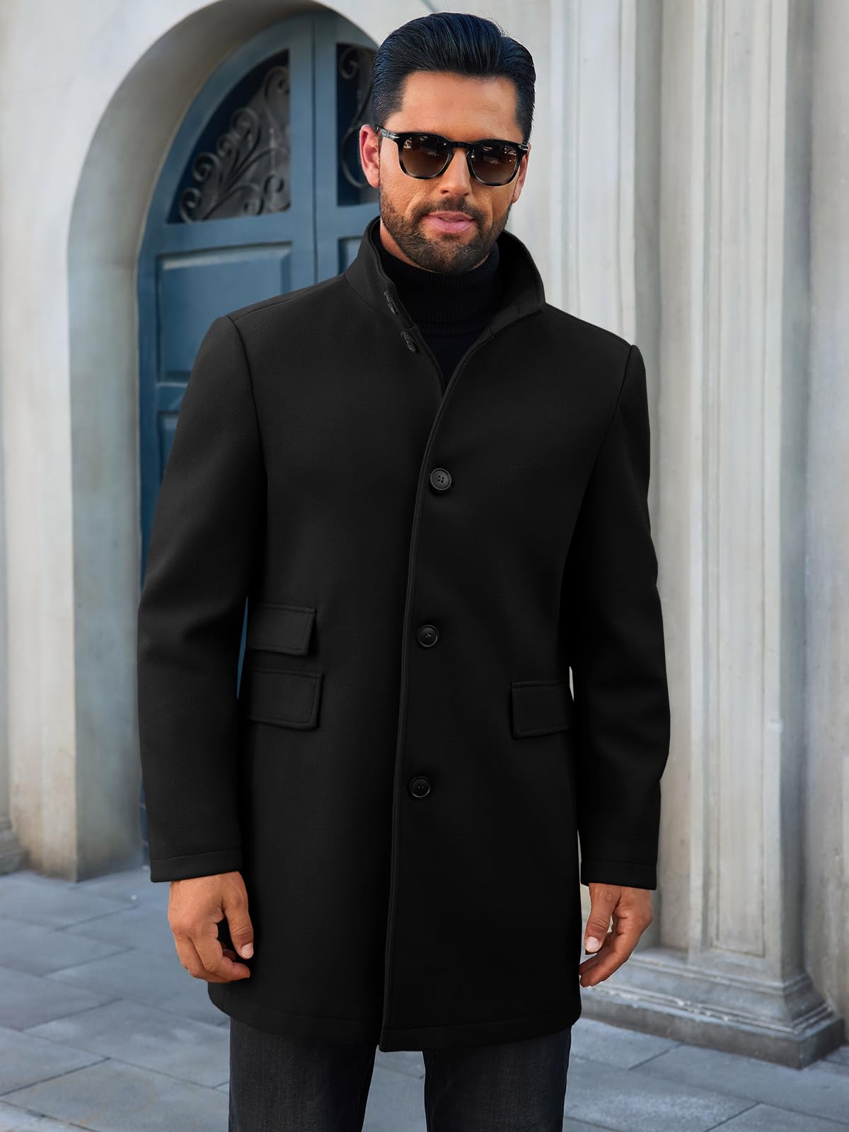 Runcati Mens Pea Coats Single Breasted Stand Collar Casual Slim Fit Trench Coat Mid Long Winter Overcoat with Pockets