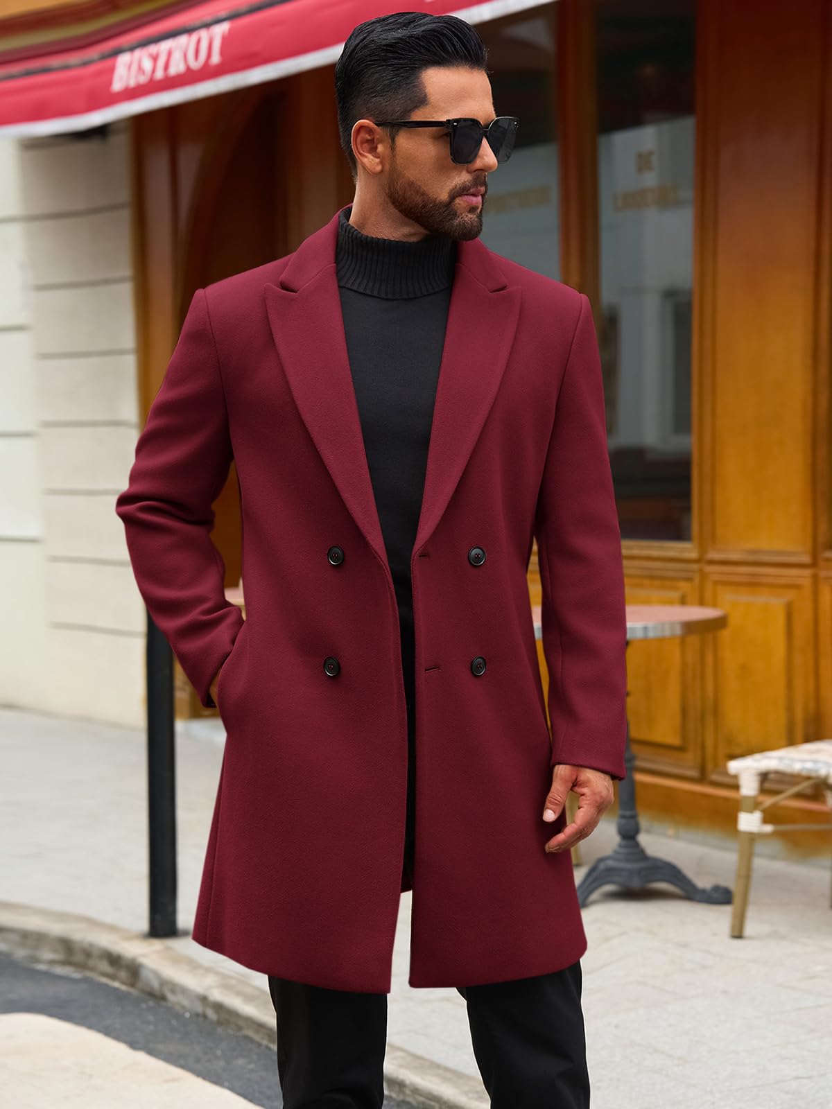 Runcati Mens Trench Coat Notched Lapel Double Breasted Mid Long Pea Coat Casual Fall Winter Classic Overcoat