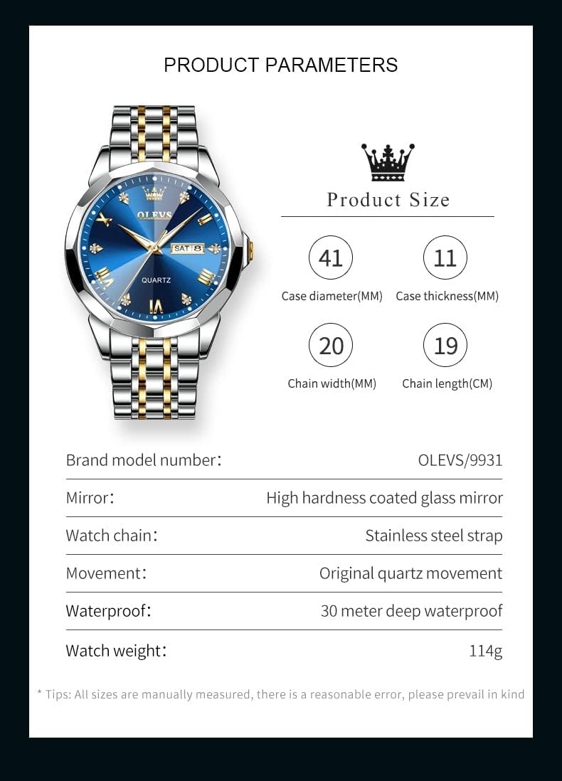 OLEVS Watch for Men Diamond Business Dress Analog Quartz Stainless Steel Waterproof Luminous Date Two Tone Luxury Casual Wrist Watch