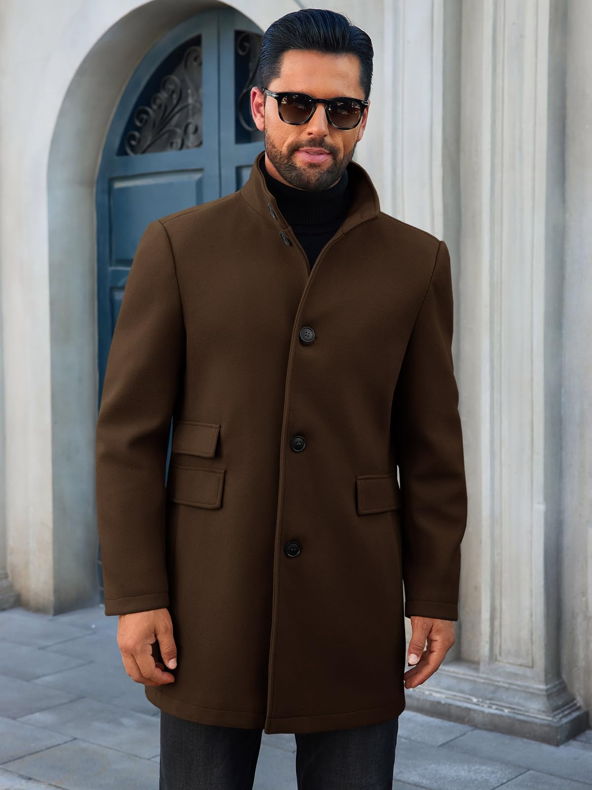 Runcati Mens Pea Coats Single Breasted Stand Collar Casual Slim Fit Trench Coat Mid Long Winter Overcoat with Pockets