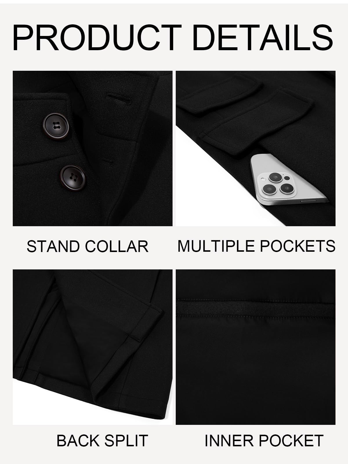 Runcati Mens Pea Coats Single Breasted Stand Collar Casual Slim Fit Trench Coat Mid Long Winter Overcoat with Pockets