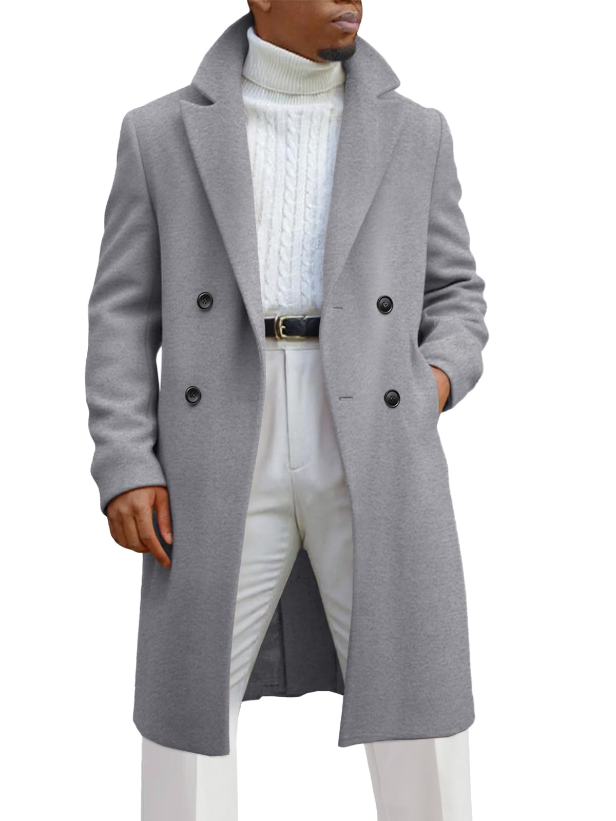 Runcati Mens Trench Coat Notched Lapel Double Breasted Mid Long Pea Coat Casual Fall Winter Classic Overcoat