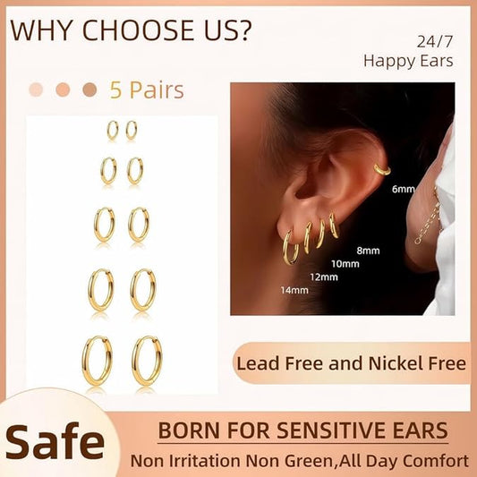 5 Pairs 14K Gold Plated Huggie Hoop Earrings for Women - Lightweight Minimalist Small Hoops,