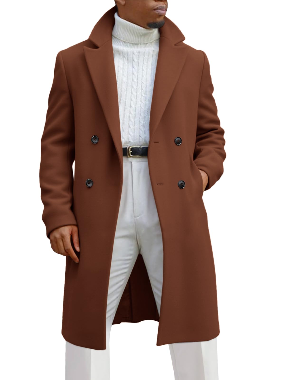 Runcati Mens Trench Coat Notched Lapel Double Breasted Mid Long Pea Coat Casual Fall Winter Classic Overcoat