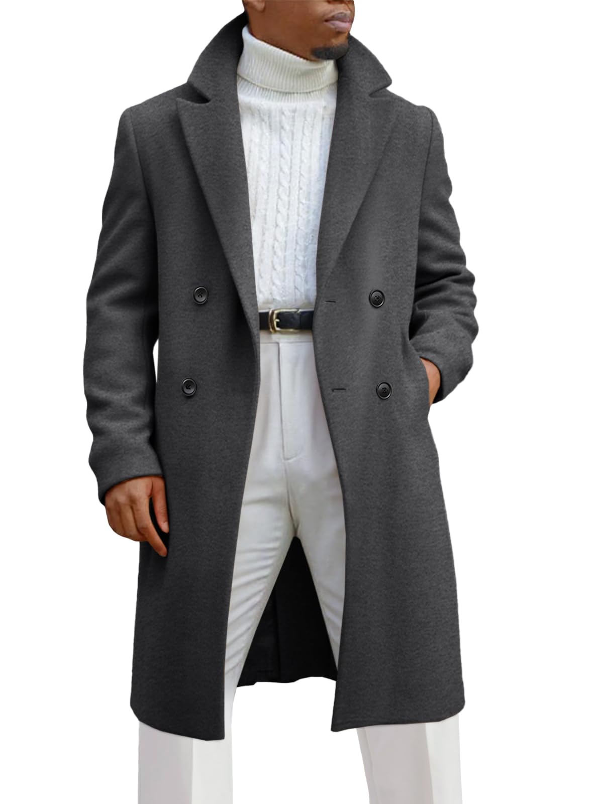 Runcati Mens Trench Coat Notched Lapel Double Breasted Mid Long Pea Coat Casual Fall Winter Classic Overcoat