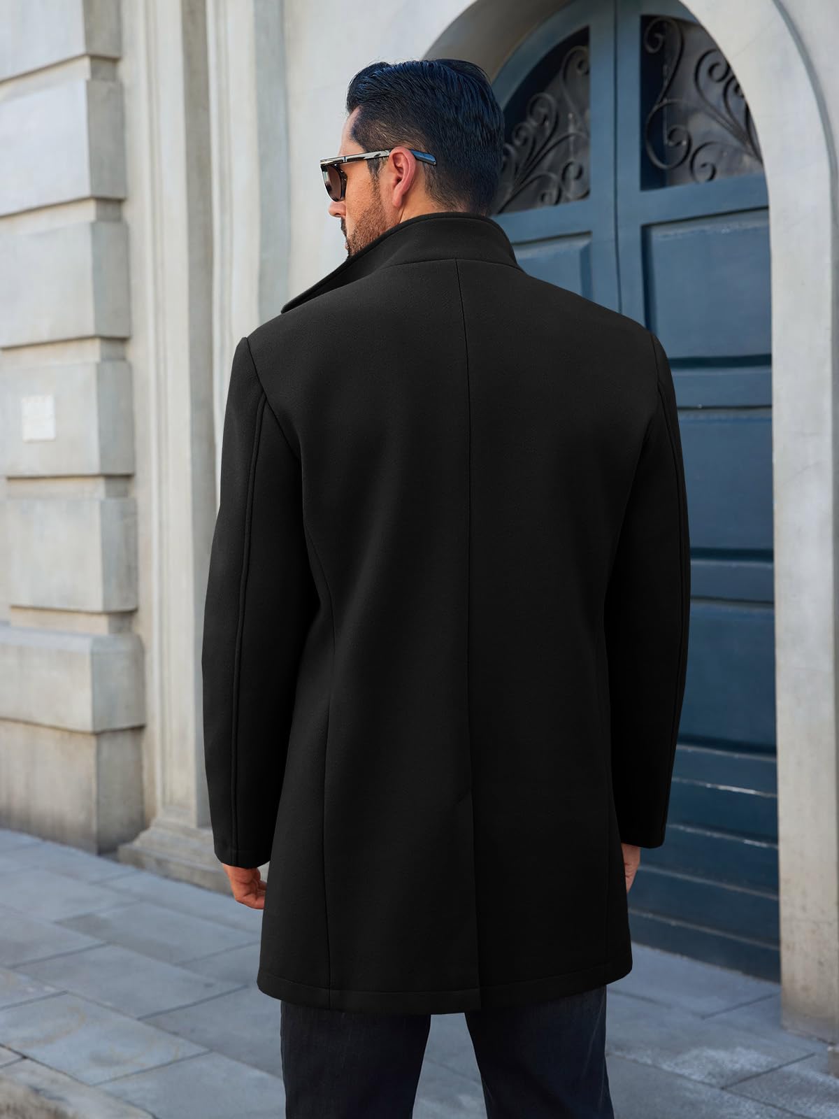 Runcati Mens Pea Coats Single Breasted Stand Collar Casual Slim Fit Trench Coat Mid Long Winter Overcoat with Pockets