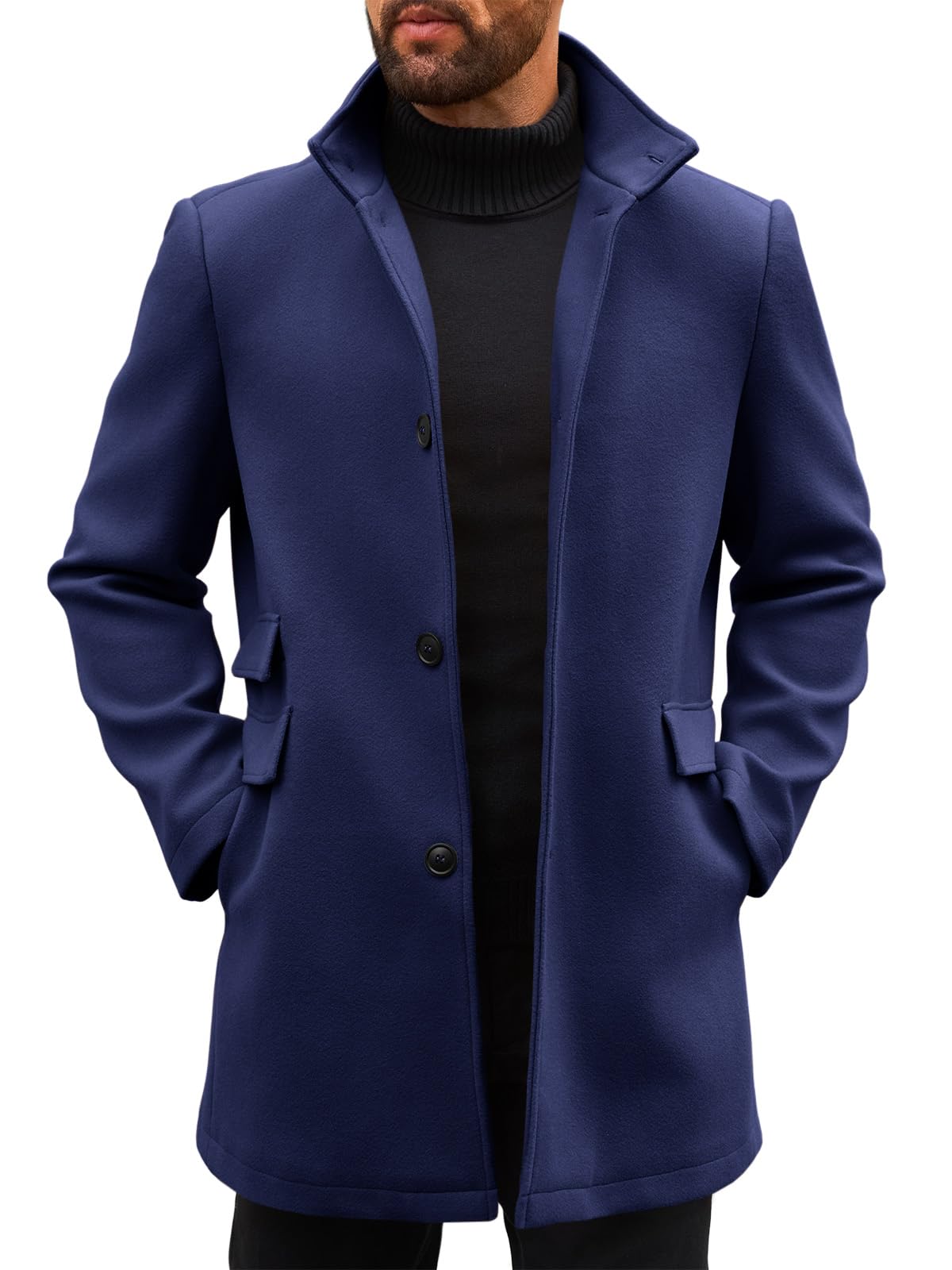 Runcati Mens Pea Coats Single Breasted Stand Collar Casual Slim Fit Trench Coat Mid Long Winter Overcoat with Pockets