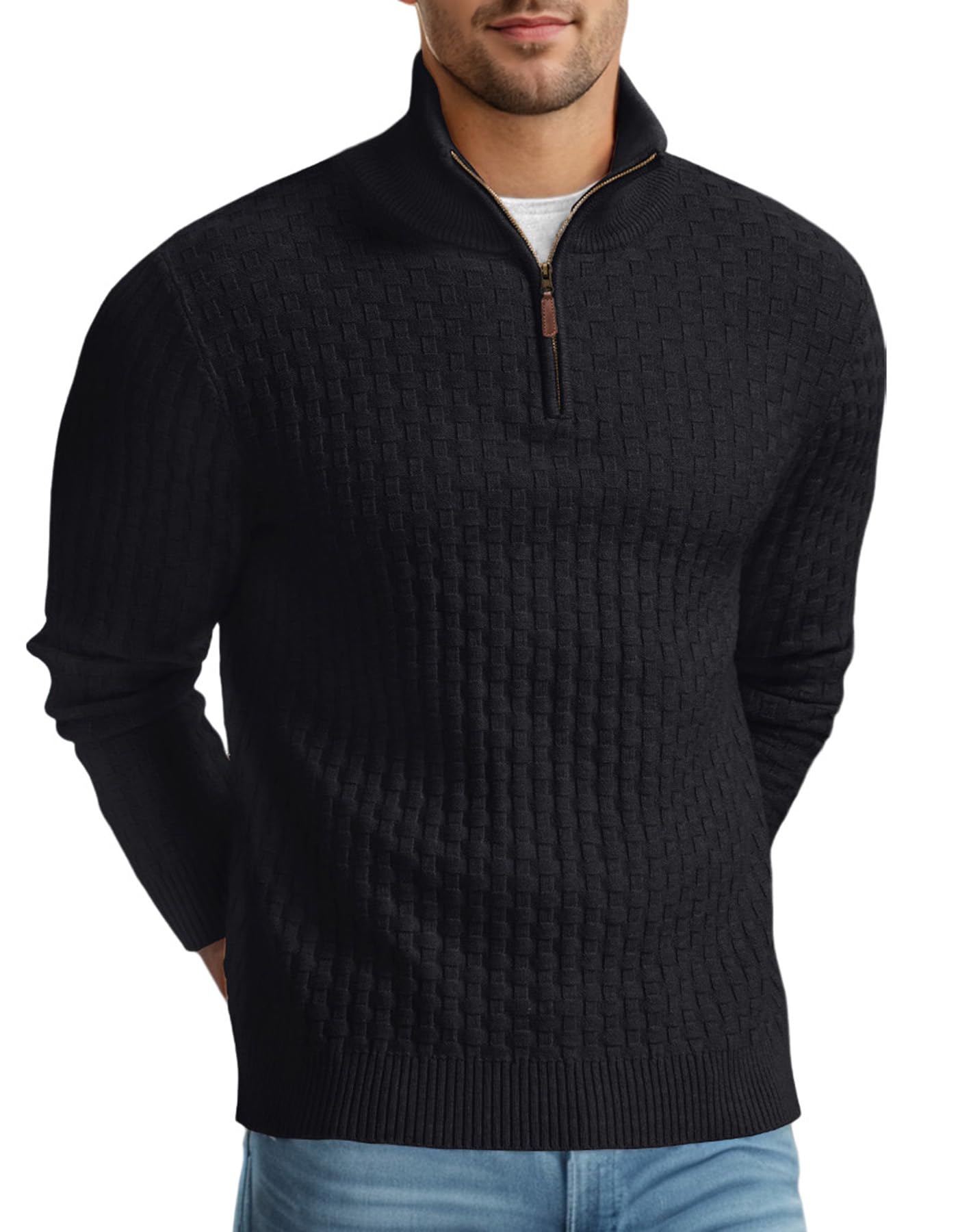 Askdeer Men's Quarter Zip Sweater Waffle Knit Sweater Mock Neck Polo Sweater Casual Pullover Sweater with Ribbing Edge