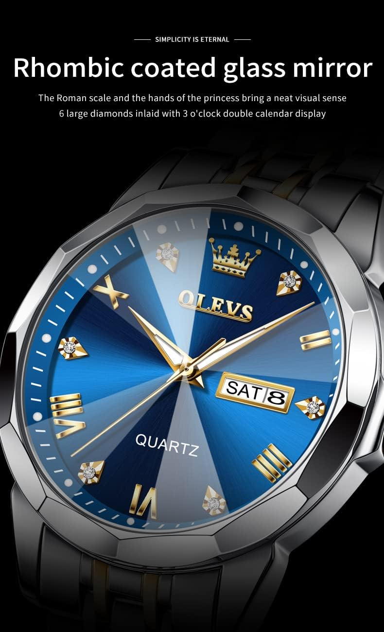 OLEVS Watch for Men Diamond Business Dress Analog Quartz Stainless Steel Waterproof Luminous Date Two Tone Luxury Casual Wrist Watch