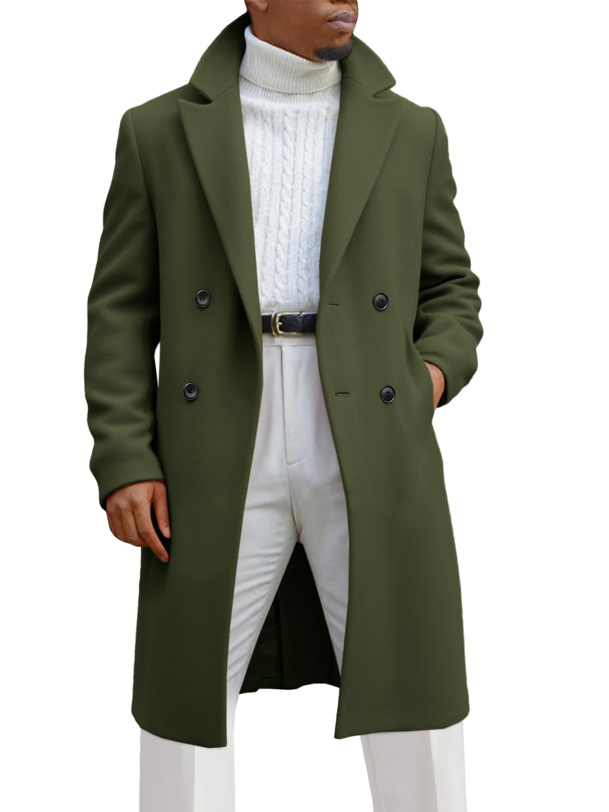 Runcati Mens Trench Coat Notched Lapel Double Breasted Mid Long Pea Coat Casual Fall Winter Classic Overcoat