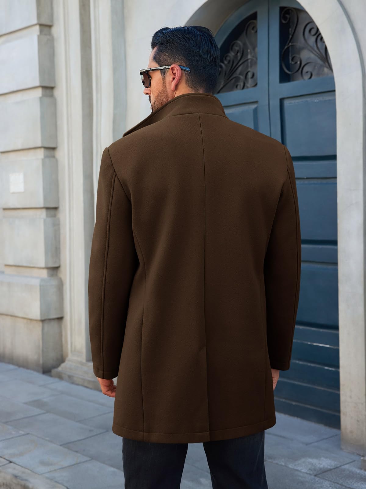 Runcati Mens Pea Coats Single Breasted Stand Collar Casual Slim Fit Trench Coat Mid Long Winter Overcoat with Pockets