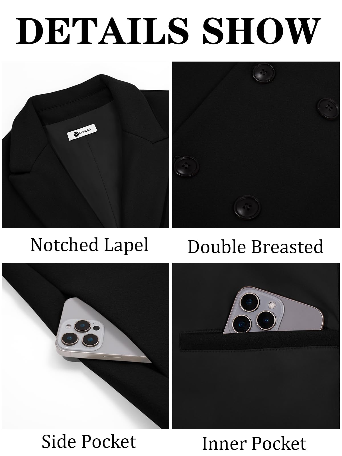 Runcati Mens Trench Coat Notched Lapel Double Breasted Mid Long Pea Coat Casual Fall Winter Classic Overcoat