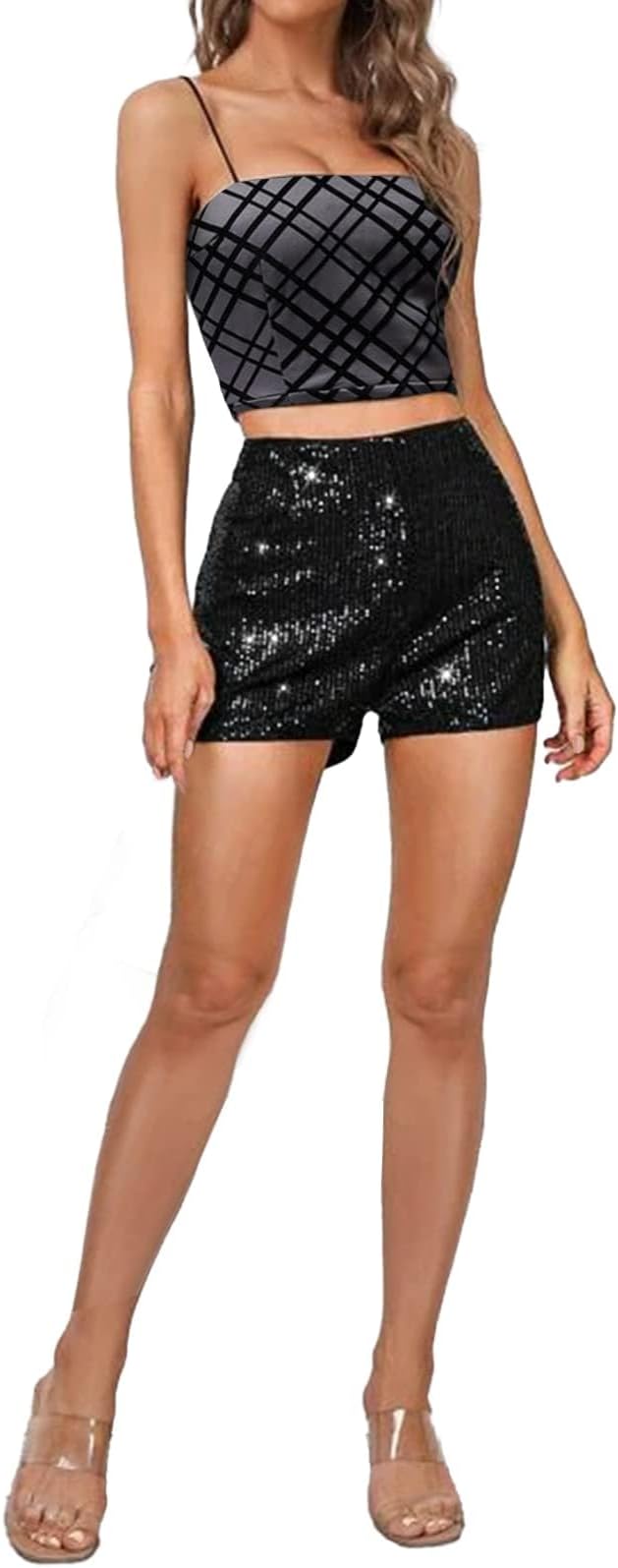 Chloefairy Women's Summer Sequin Shorts High Waist Sparkly Glitter Straight Leg Shorts Concert Party Clubwear