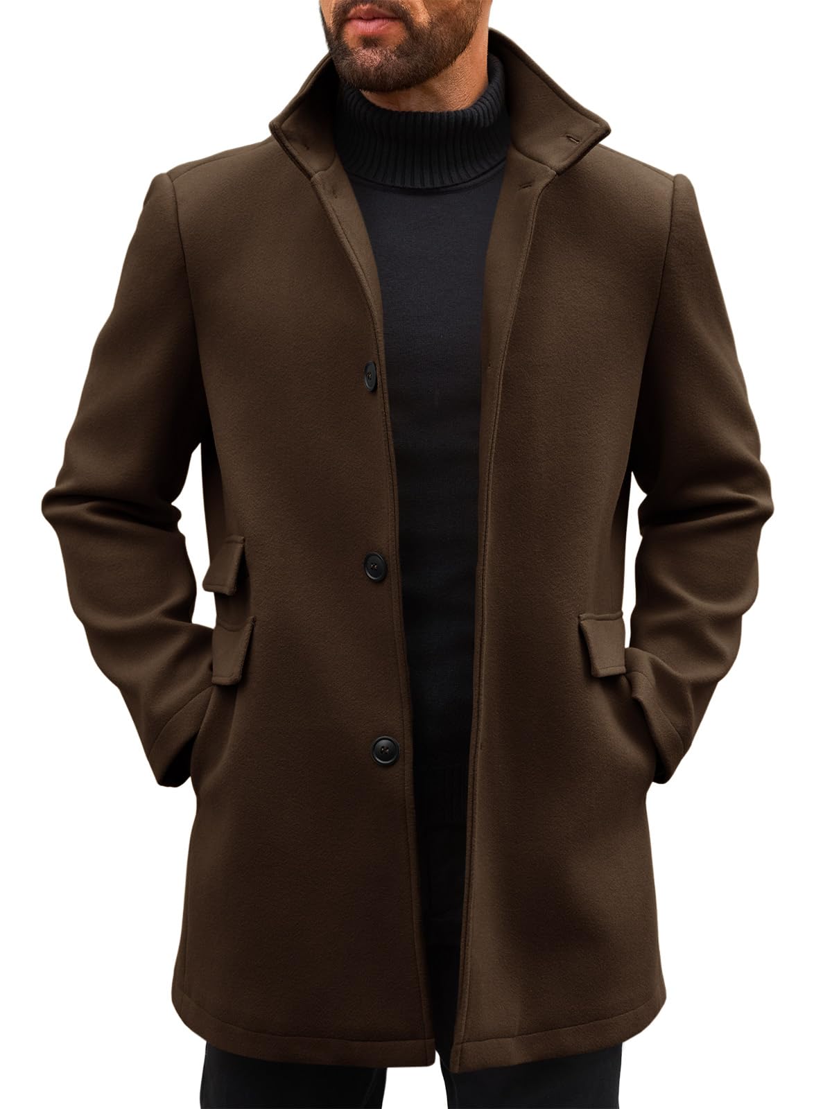 Runcati Mens Pea Coats Single Breasted Stand Collar Casual Slim Fit Trench Coat Mid Long Winter Overcoat with Pockets