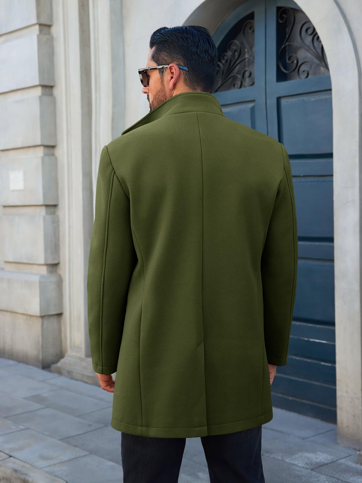 Runcati Mens Pea Coats Single Breasted Stand Collar Casual Slim Fit Trench Coat Mid Long Winter Overcoat with Pockets