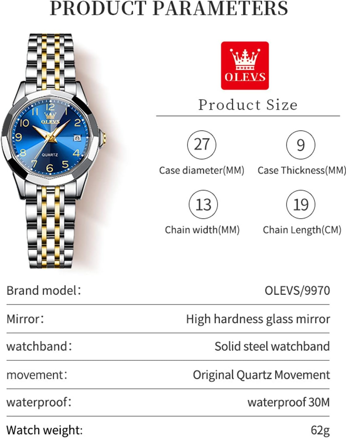 OLEVS Womens Watch Fashion Dress Diamond Female Watches for Ladies Analog Quartz Stainless Steel Waterproof Luminous Day Date Two Tone Wristwatch