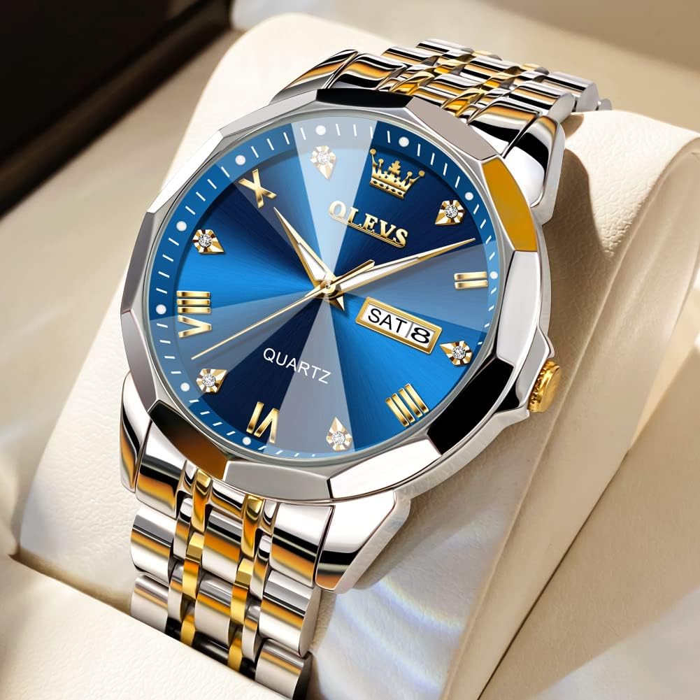 OLEVS Watch for Men Diamond Business Dress Analog Quartz Stainless Steel Waterproof Luminous Date Two Tone Luxury Casual Wrist Watch