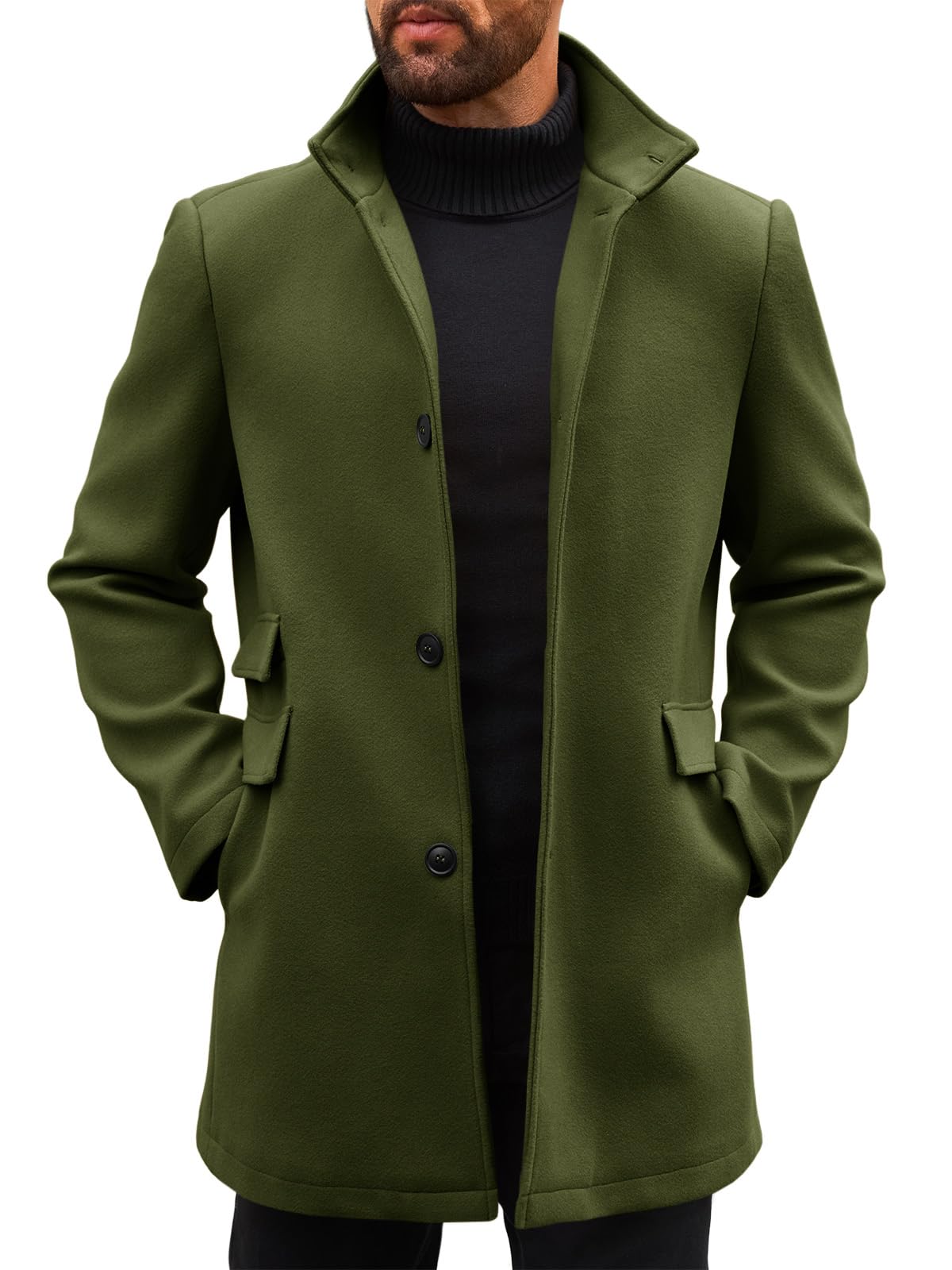 Runcati Mens Pea Coats Single Breasted Stand Collar Casual Slim Fit Trench Coat Mid Long Winter Overcoat with Pockets