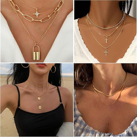 73 Pcs Gold Jewelry Set with 6Pcs Layered Necklace, 11 Pcs anklet and 7Pcs Earring Ear Cuff,12Hoop Earrings