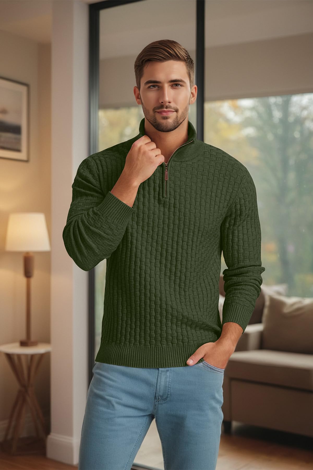 Askdeer Men's Quarter Zip Sweater Waffle Knit Sweater Mock Neck Polo Sweater Casual Pullover Sweater with Ribbing Edge