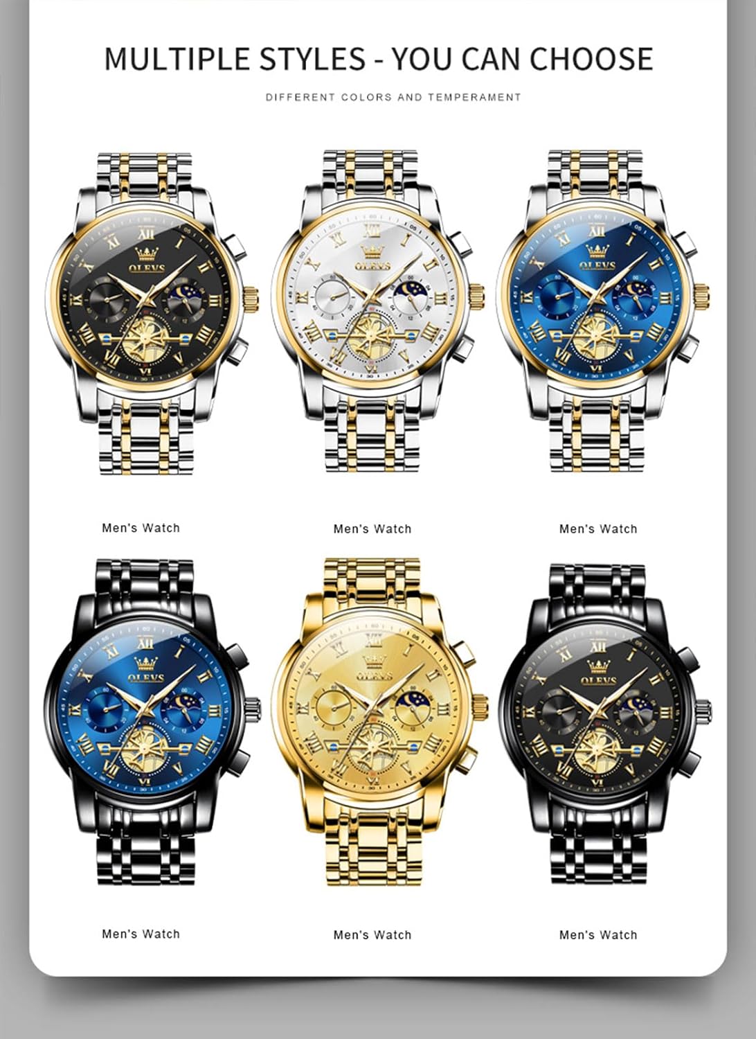 OLEVS Watches Men Waterproof Luxury Big Face Mens Watch Stainless Steel Quartz Analog Dress Watches for Men Luminous Multifunction Man Watch Relojes De Hombre