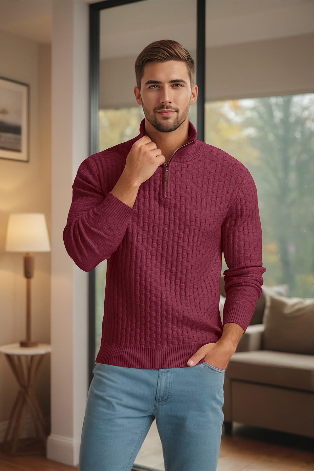 Askdeer Men's Quarter Zip Sweater Waffle Knit Sweater Mock Neck Polo Sweater Casual Pullover Sweater with Ribbing Edge