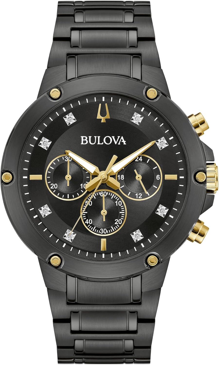 Bulova Men's Classic 6-Hand Chronograph Diamond Quartz Black Ion Plated Stainless Steel Watch, 24 Hour Time, 43mm, Style:98D190
